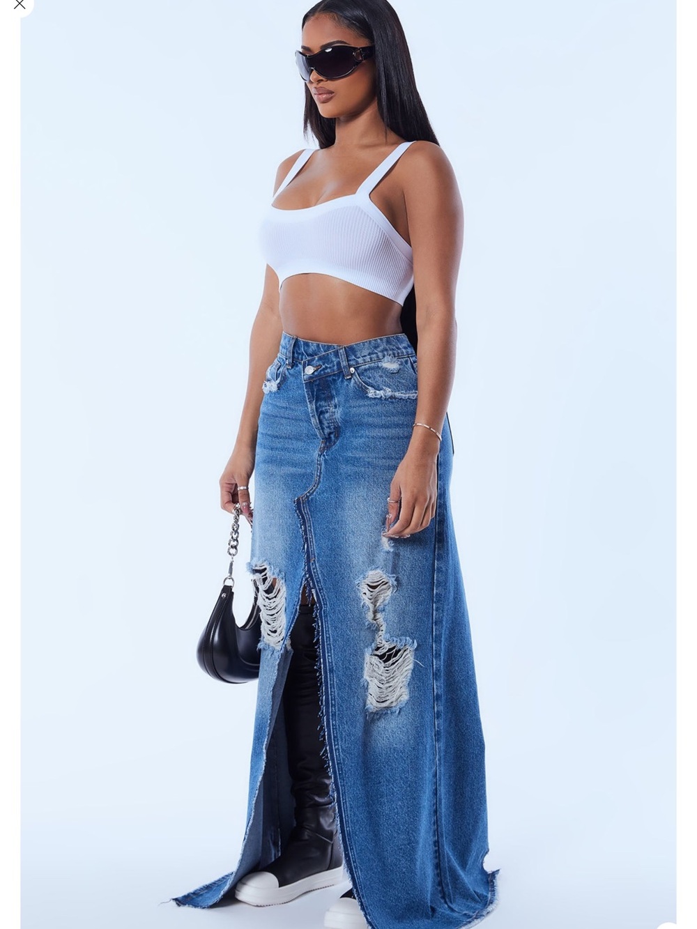 Fashion Nova Blue Distressed Long Denim Skirt Jeans